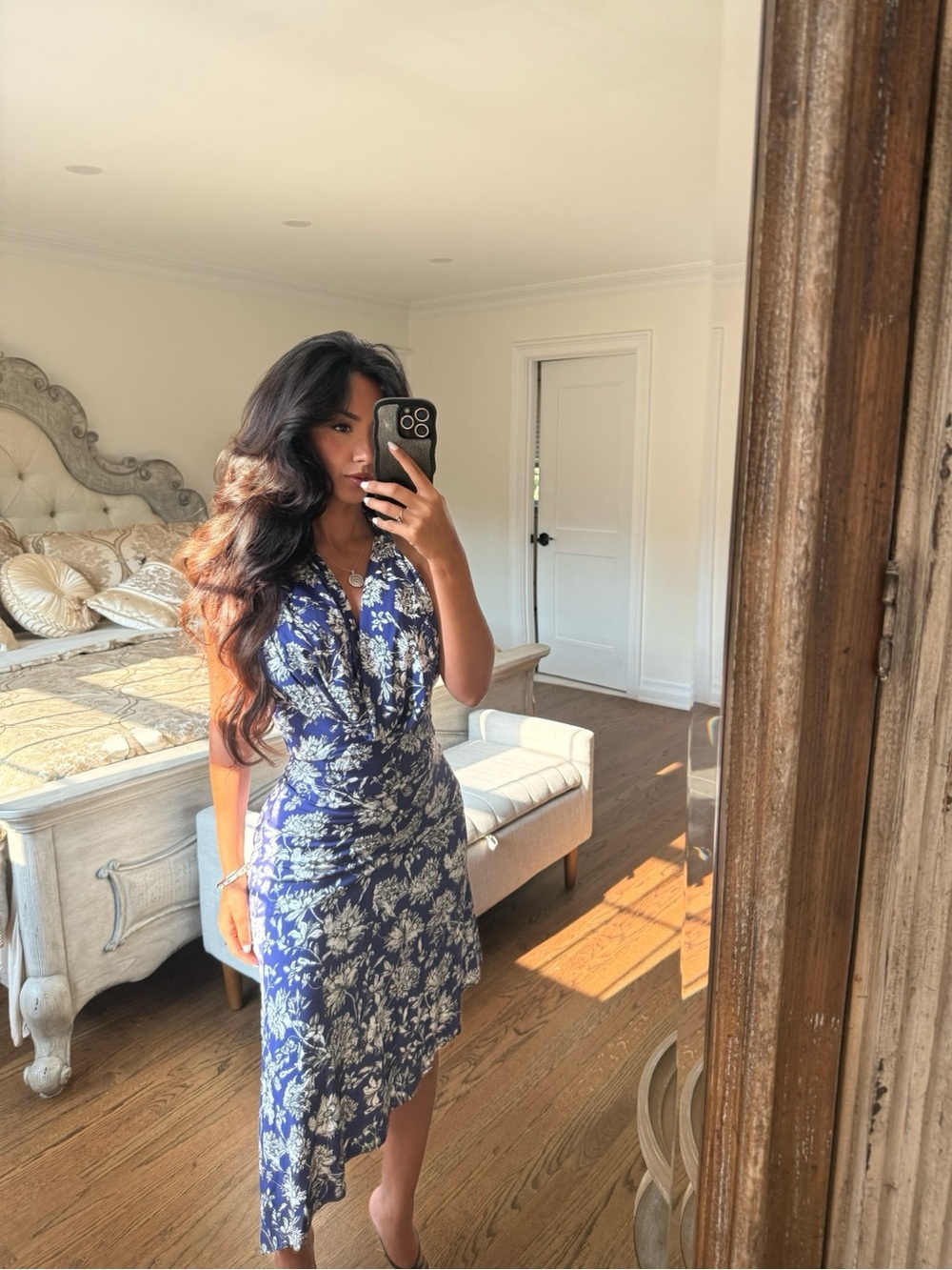 Alice + Olivia Blue Floral Halter Cowl DANI MIDI DRESS